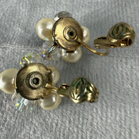 Vintage Faux Pearl & Crystal Beaded Cluster Clip-On Earrings Women MCM - Picture 13 of 16